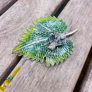 Vintage Plique a Jour Enamel 800 Silver Leaf Bug Brooch Large